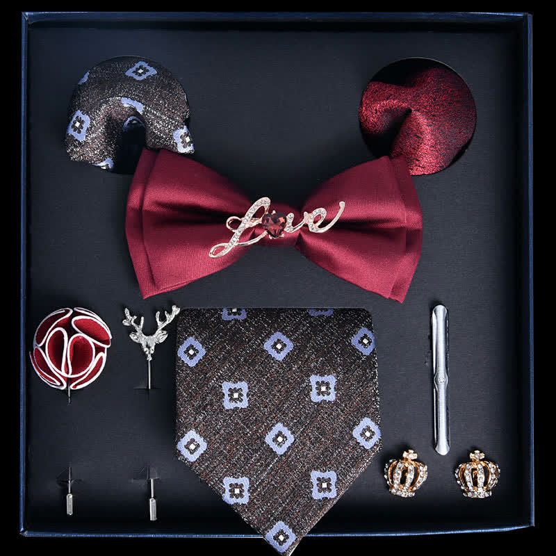 Caja de regalo con 8 pajaritas de lujo con estampado noble en rojo y gris pizarra