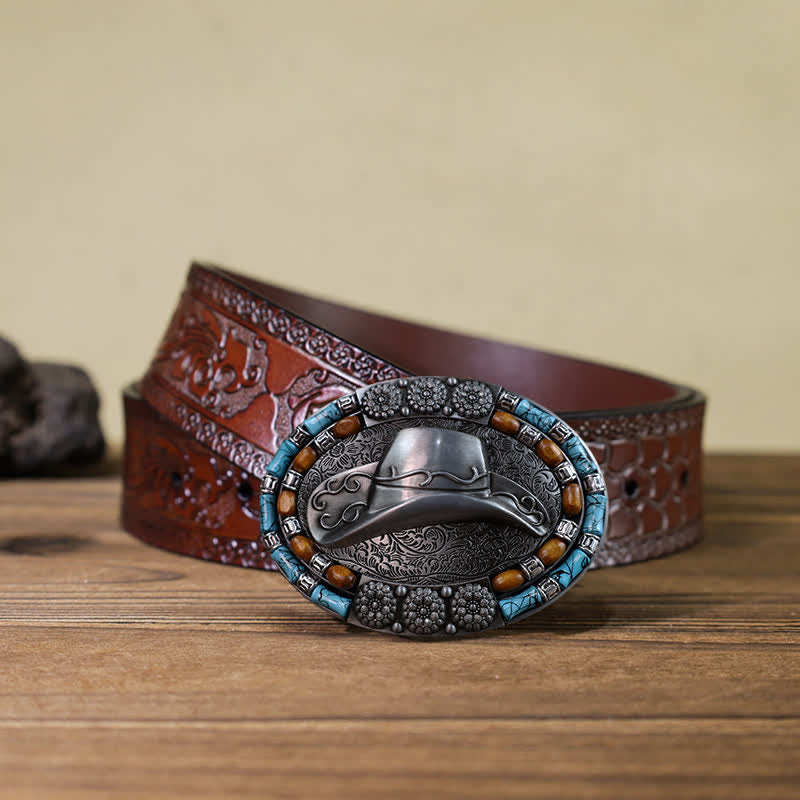 Cinturón de cuero con hebilla de piedra turquesa para sombrero de vaquero para hombre hecho a mano