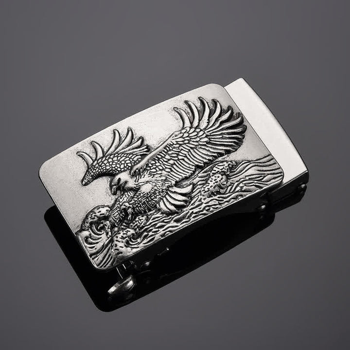 Cinturón de cuero con hebilla automática y alas de águila para hombre, hecho a mano