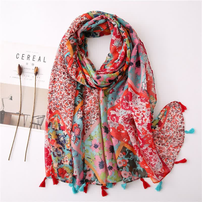 Bufanda con borlas y estampado floral bohemio para mujer