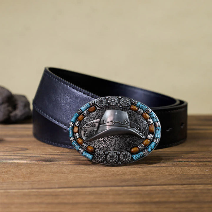Cinturón de cuero con hebilla de piedra turquesa para sombrero de vaquero para hombre hecho a mano