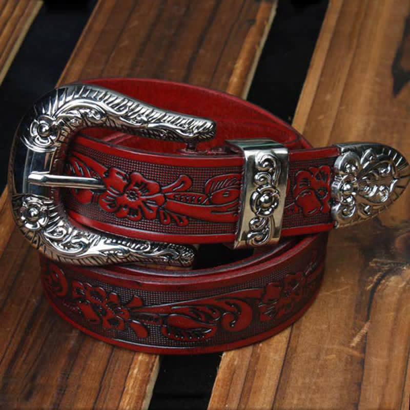 Cinturón unisex vintage de piel con estampado de rosas pequeñas
