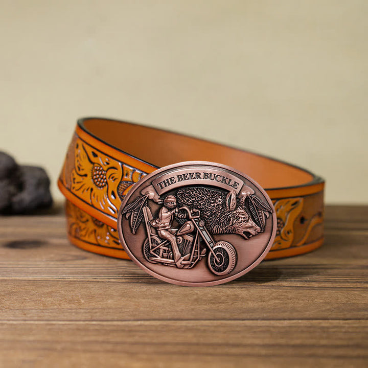 Cinturón de cuero con hebilla para hombre, hecho a mano, con diseño creativo de motocicleta
