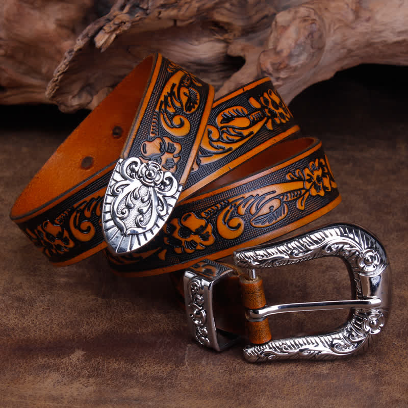 Cinturón unisex vintage de piel con estampado de rosas pequeñas