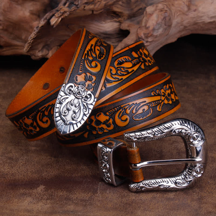 Cinturón unisex vintage de piel con estampado de rosas pequeñas
