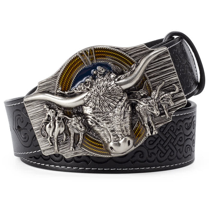 Cinturón de cuero con relieve de toro Longhorn para hombre