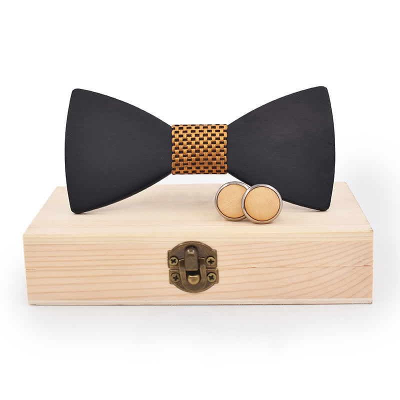 Juego de 2 gemelos de pajarita de madera negros para hombre