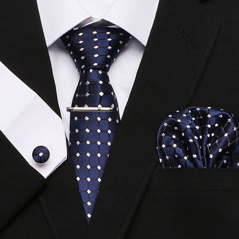 Conjunto de 4 corbatas a cuadros con lunares elegantes para hombre en color azul marino