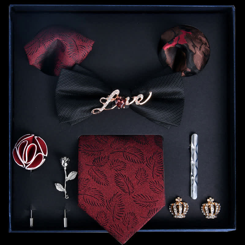 Caja de regalo con 8 pajaritas de lujo con estampado noble en negro y rojo oscuro
