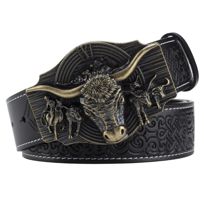 Cinturón de cuero con relieve de toro Longhorn para hombre