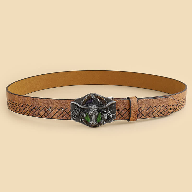 Cinturón de cuero de toro de cuernos largos tallado para hombre