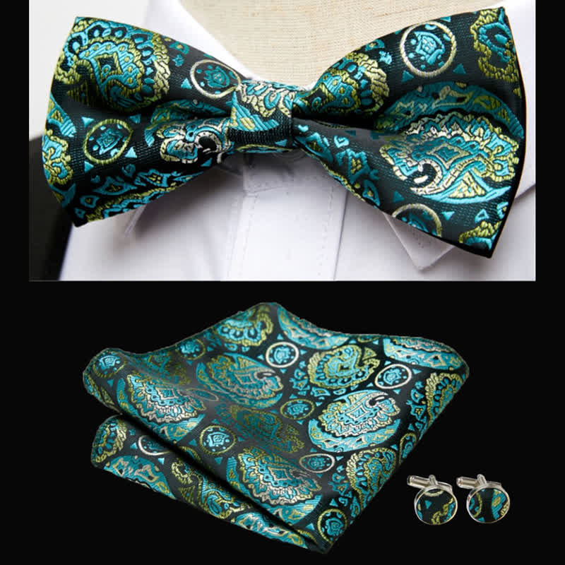 Conjunto de 3 pañuelos de bolsillo con pajarita y estampado de cachemira esmeralda para hombre
