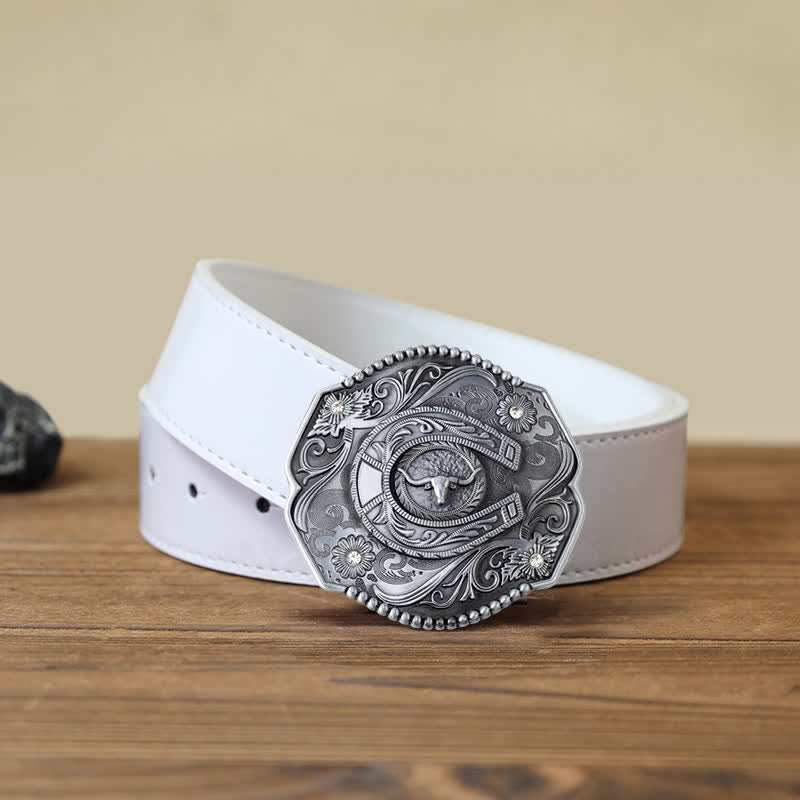 Cinturón de cuero con hebilla de toro y diseño floral con diamantes de imitación para hombre