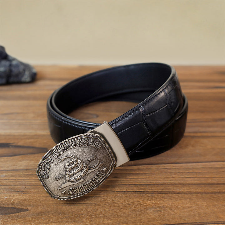 Cinturón de cuero con hebilla automática y diseño de serpiente para hombre
