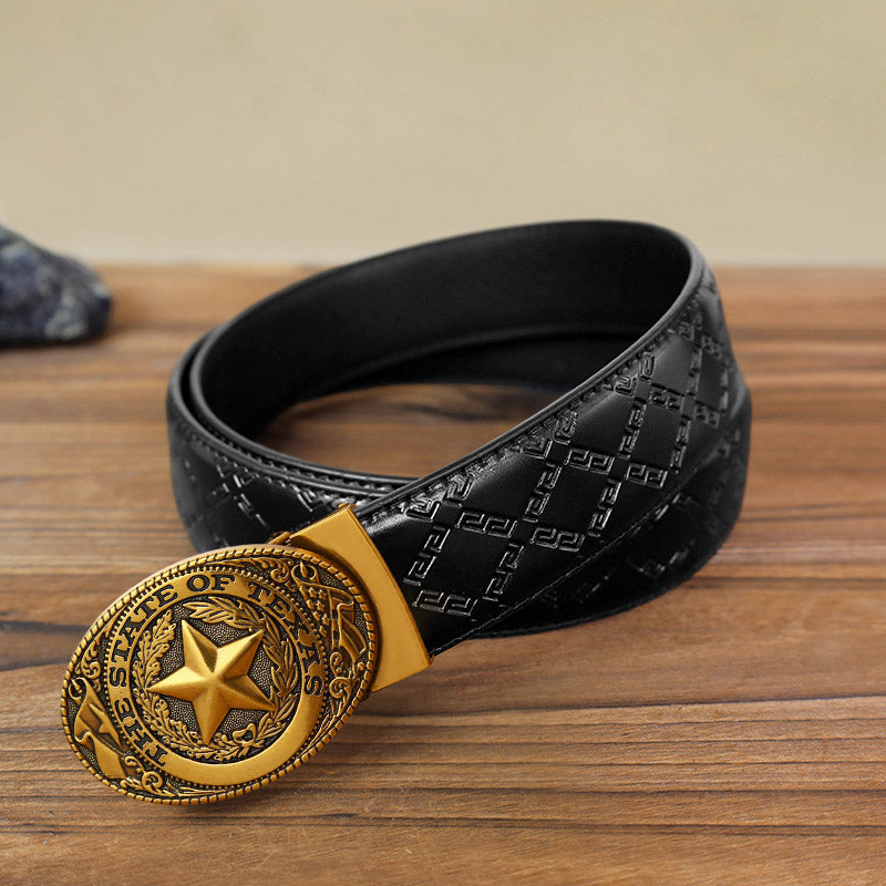 Cinturón de cuero con hebilla automática con pentagrama de Texas para hombre, hecho a mano