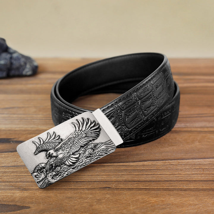 Cinturón de cuero con hebilla automática y alas de águila para hombre, hecho a mano