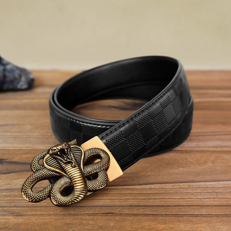 Cinturón de cuero con hebilla automática y diseño de serpiente misteriosa para hombre
