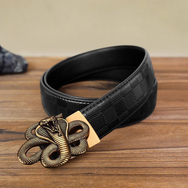 Cinturón de cuero con hebilla automática y diseño de serpiente misteriosa para hombre
