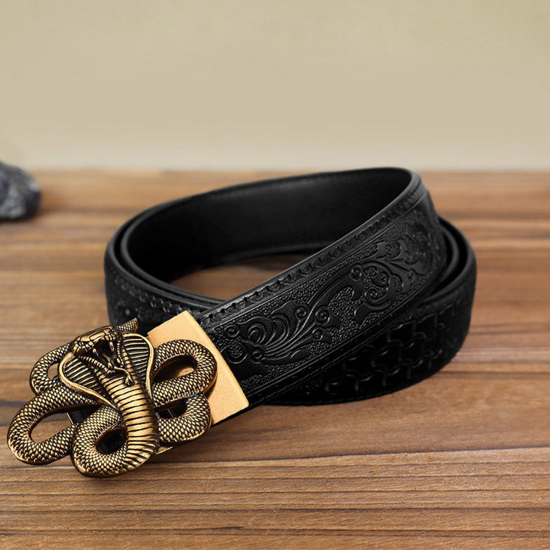 Cinturón de cuero con hebilla automática y diseño de serpiente misteriosa para hombre