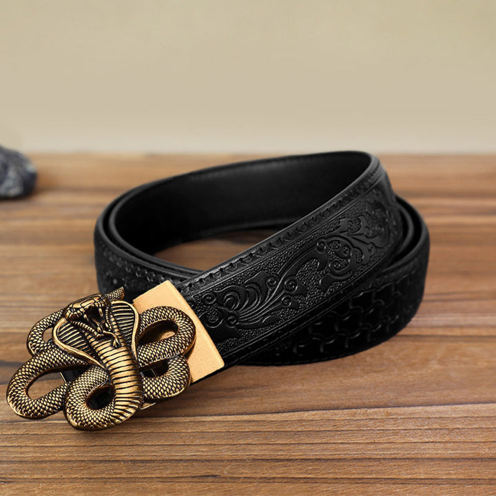 Cinturón de cuero con hebilla automática y diseño de serpiente misteriosa para hombre