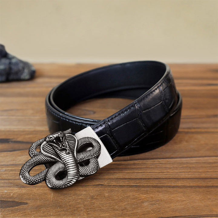Cinturón de cuero con hebilla automática y diseño de serpiente misteriosa para hombre