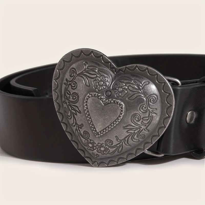 Cinturón de cuero con grabado floral en forma de corazón para mujer