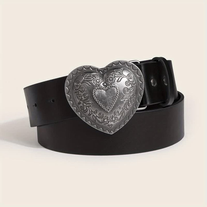 Cinturón de cuero con grabado floral en forma de corazón para mujer