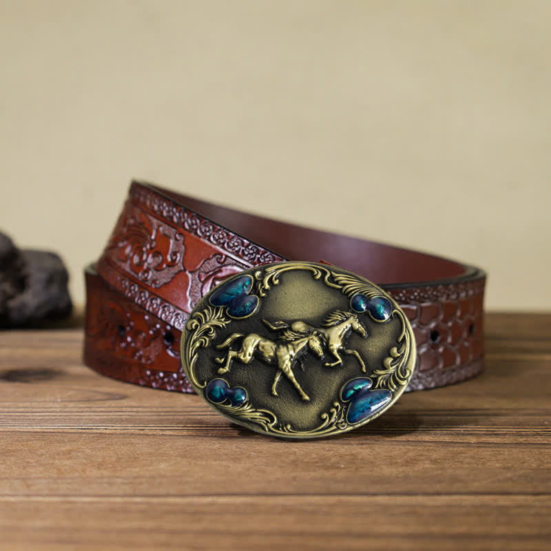 Cinturón de cuero con hebilla de cuentas turquesas para hombre, hecho a mano, con caballos corriendo
