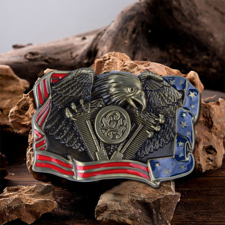 Cinturón de cuero con hebilla multicolor con diseño de águila patriótica para hombre