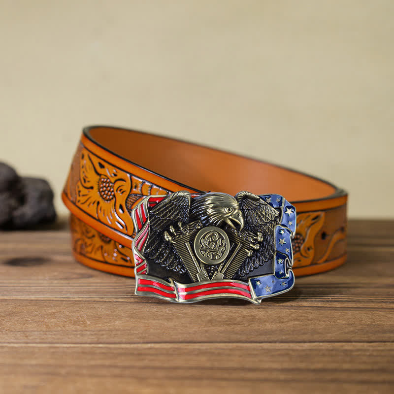 Cinturón de cuero con hebilla multicolor con diseño de águila patriótica para hombre