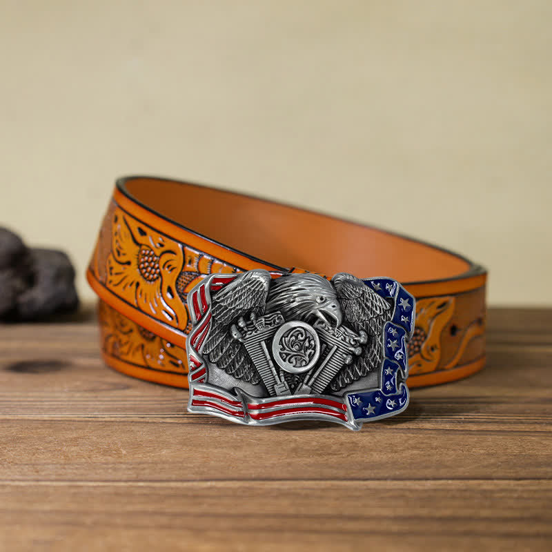 Cinturón de cuero con hebilla multicolor con diseño de águila patriótica para hombre