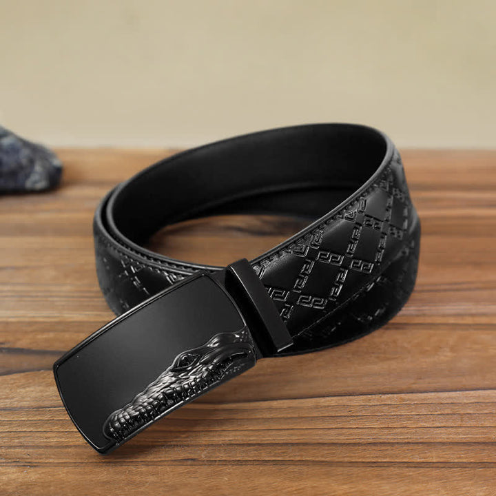 Cinturón de cuero con hebilla automática con cabeza de cocodrilo negra para hombre hecho a mano