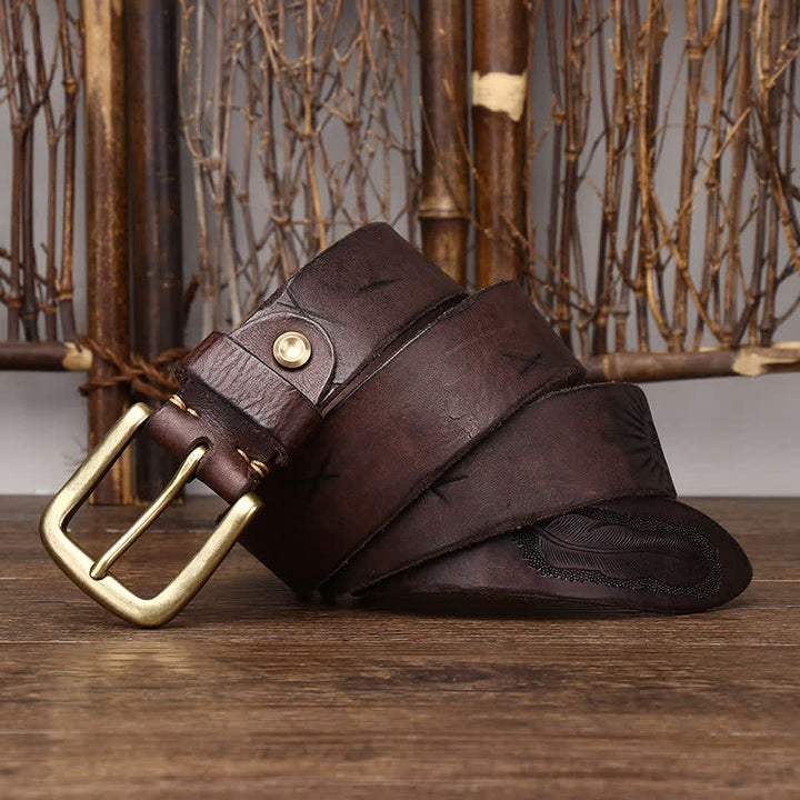 Cinturón de piel pura con estampado de plumas en relieve para hombre