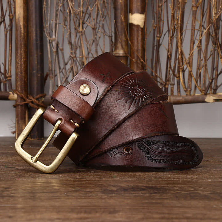 Cinturón de piel pura con estampado de plumas en relieve para hombre