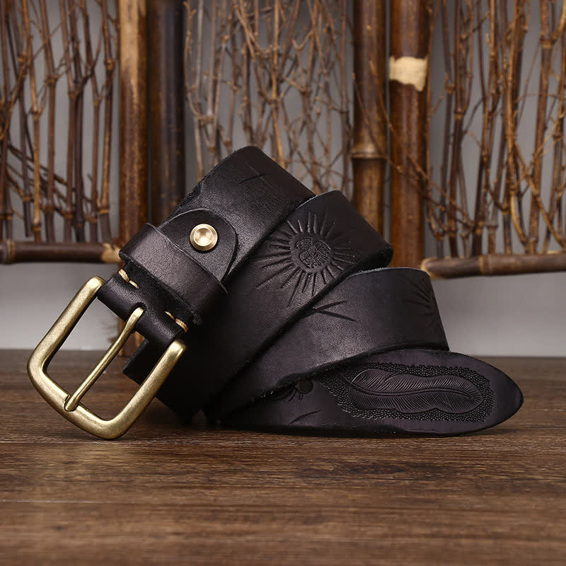 Cinturón de piel pura con estampado de plumas en relieve para hombre
