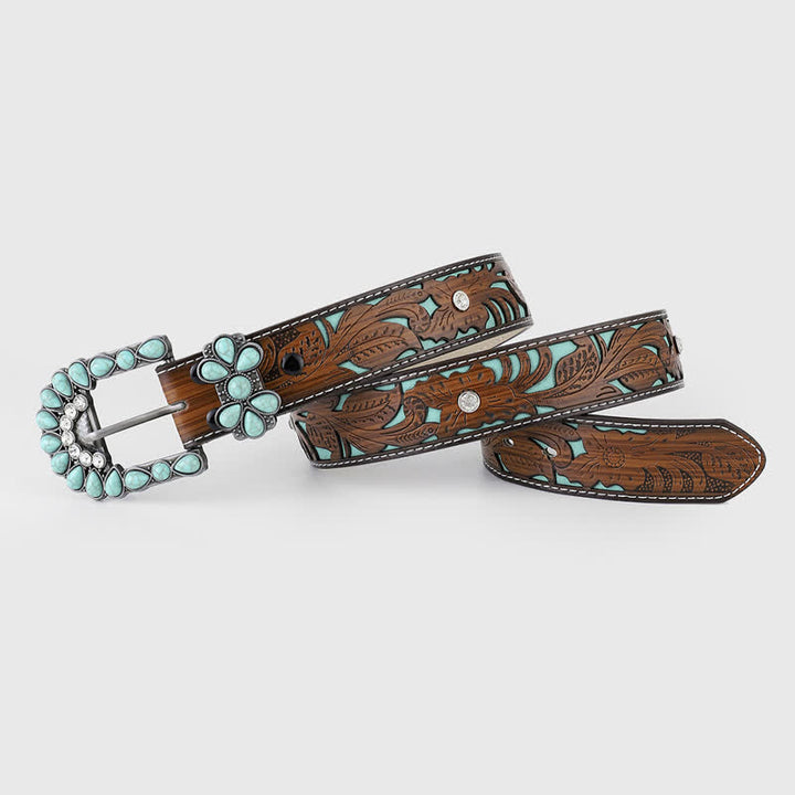 Cinturón de cuero estilo western con flores en relieve color turquesa para mujer