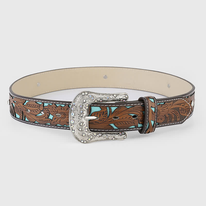 Cinturón de cuero marrón oscuro con flores en relieve y diamantes de imitación para mujer