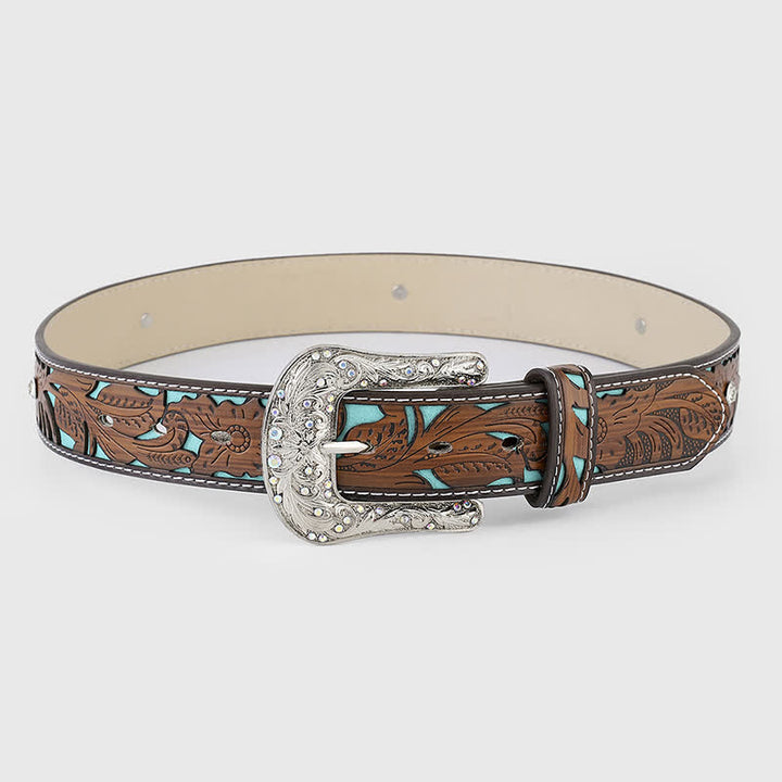 Cinturón de cuero marrón oscuro con flores en relieve y diamantes de imitación para mujer