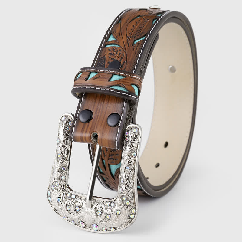 Cinturón de cuero marrón oscuro con flores en relieve y diamantes de imitación para mujer