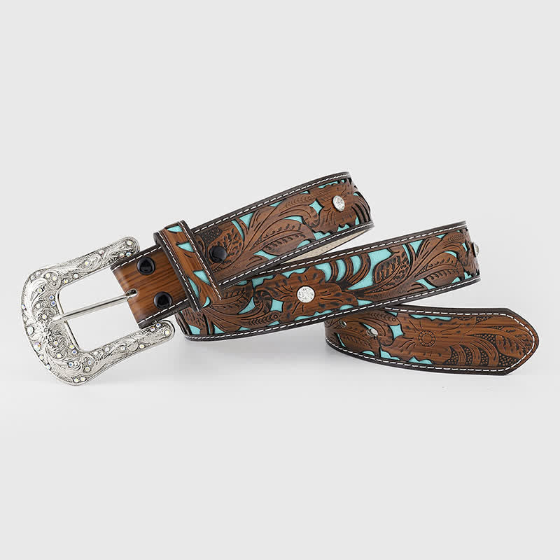 Cinturón de cuero marrón oscuro con flores en relieve y diamantes de imitación para mujer