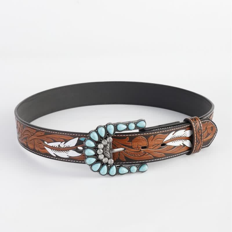 Cinturón de piel con estampado de plumas grabadas estilo vintage para mujer