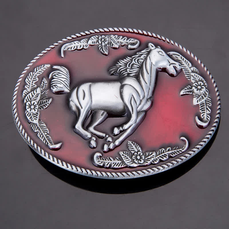 Cinturón de cuero con hebilla de caballo corriendo esmaltado en rojo para hombre hecho a mano