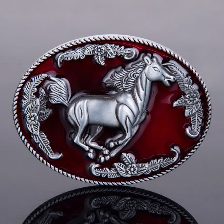 Cinturón de cuero con hebilla de caballo corriendo esmaltado en rojo para hombre hecho a mano