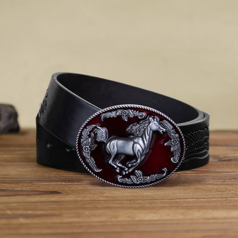 Cinturón de cuero con hebilla de caballo corriendo esmaltado en rojo para hombre hecho a mano