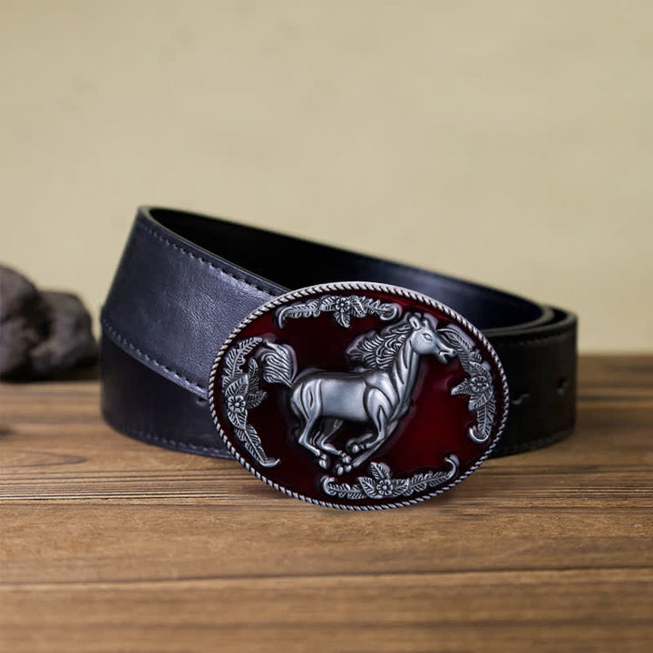 Cinturón de cuero con hebilla de caballo corriendo esmaltado en rojo para hombre hecho a mano