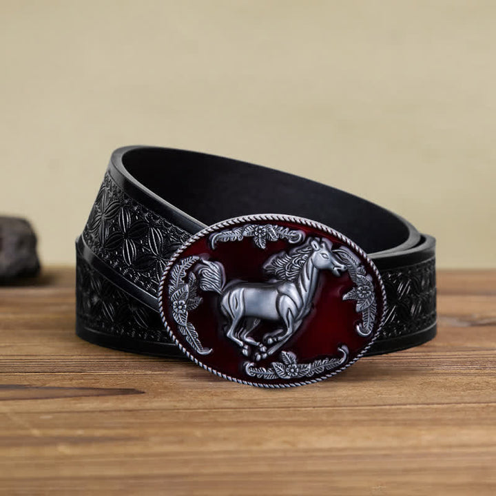 Cinturón de cuero con hebilla de caballo corriendo esmaltado en rojo para hombre hecho a mano