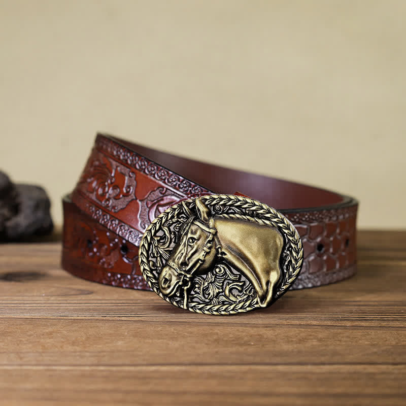 Cinturón de cuero con hebilla de cabeza de caballo grabada para hombre