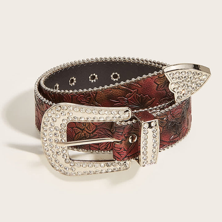 Cinturón de piel con diamantes de imitación y estampado floral en color marrón para mujer