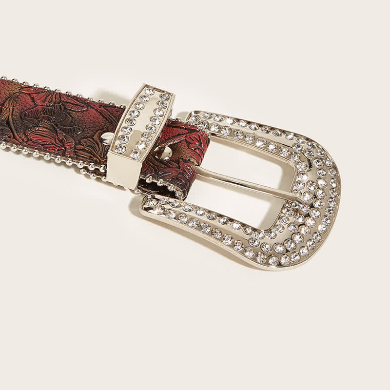 Cinturón de piel con diamantes de imitación y estampado floral en color marrón para mujer