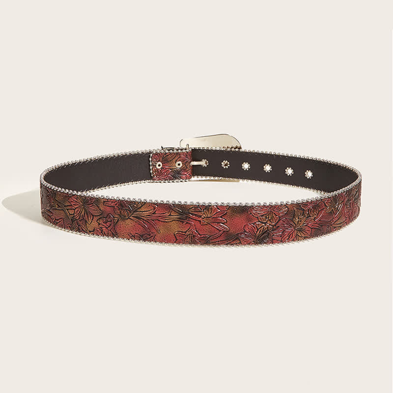Cinturón de piel con diamantes de imitación y estampado floral en color marrón para mujer